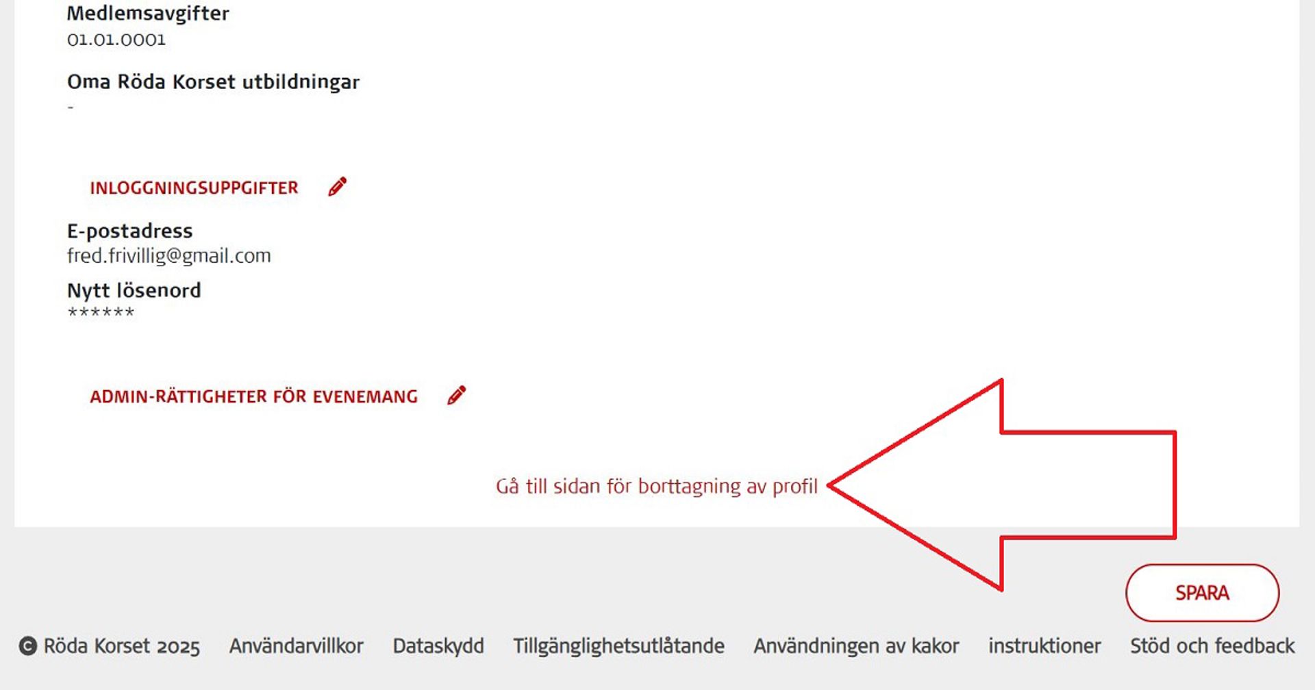 Skärmdump från Oma-systemet. Den röda pilen pekar på den punkt där man kan ta bort sin profil.