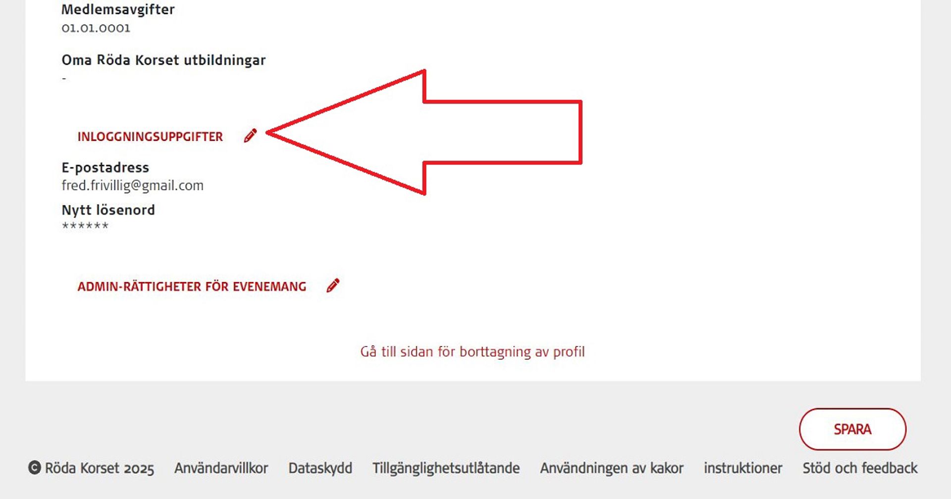 Skärmdump från Oma-systemet. Avsnittet Inloggningsuppgifter är markerat med en röd pil.