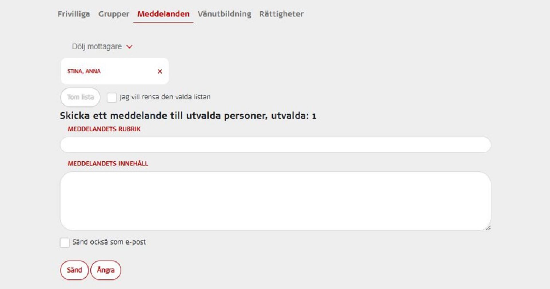 Skärmdump från vyn för att skicka meddelanden.