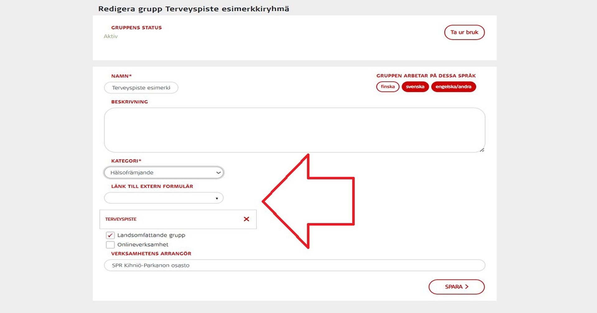 Skärmdump från Oma-systemet. En röd pil pekar på platsen där ett externt formulär kan läggas till i gruppen. 