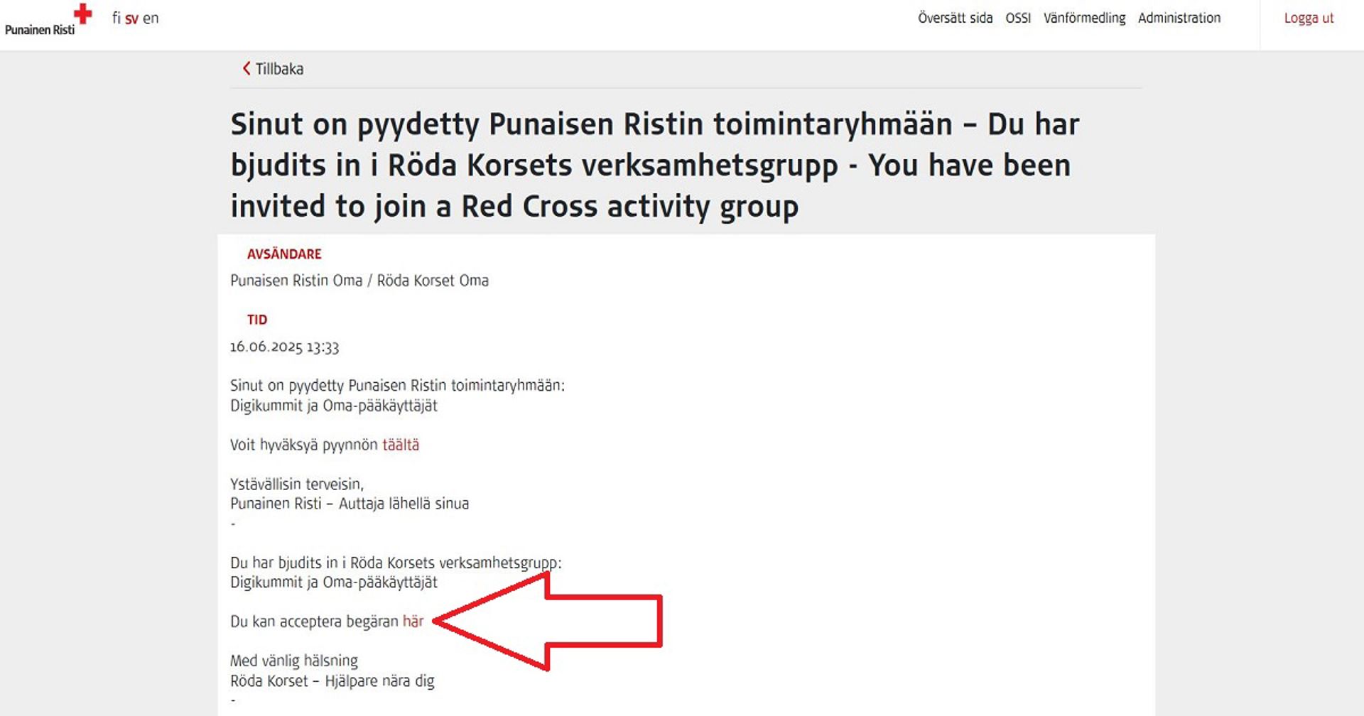 Skärmdump från meddelandena i Oma-systemet när man får en inbjudan att gå med i en verksamhetsgrupp.