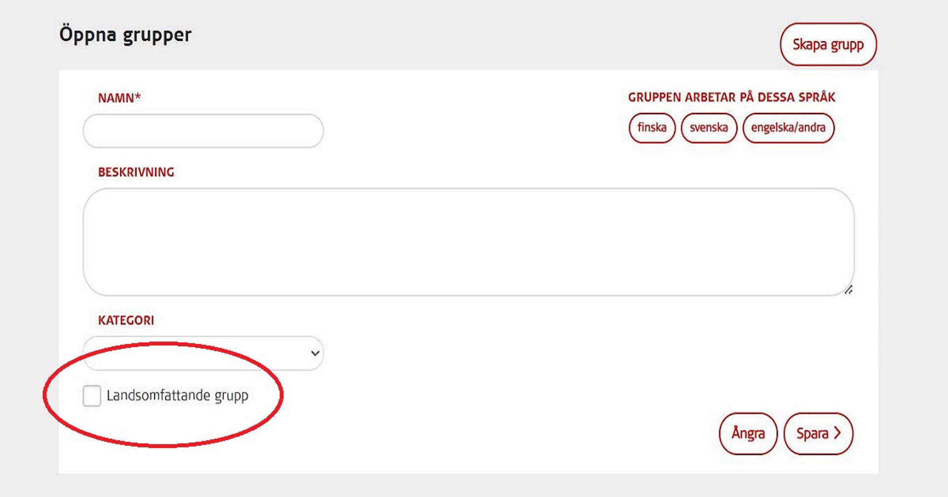 Skärmdump från Oma-systemet. Den landsomfattande gruppens punkt är omringad med rött.