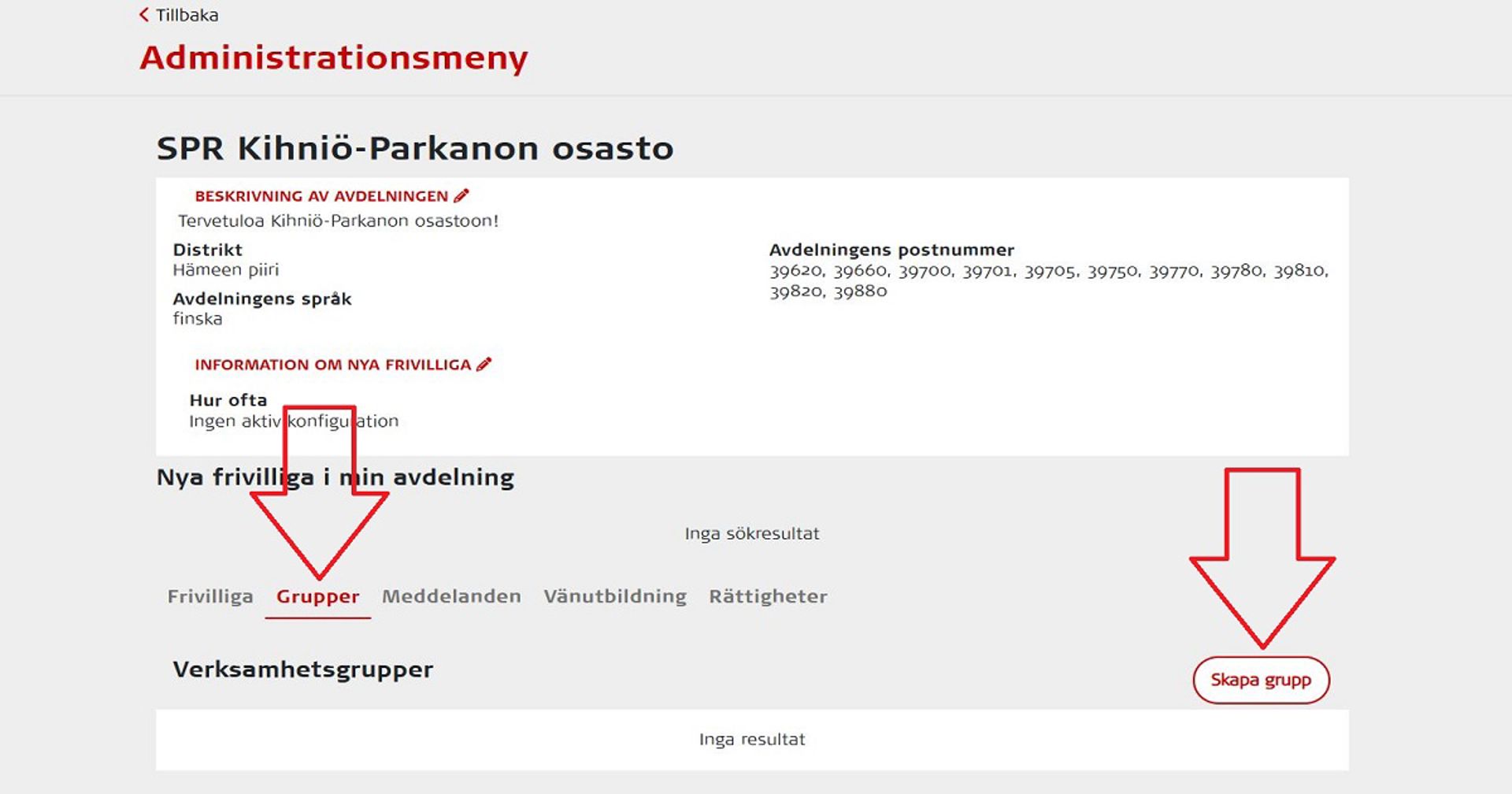Skärmdump från Oma-systemet. De röda pilarna visar hur man skapar en verksamhetsgrupp.
