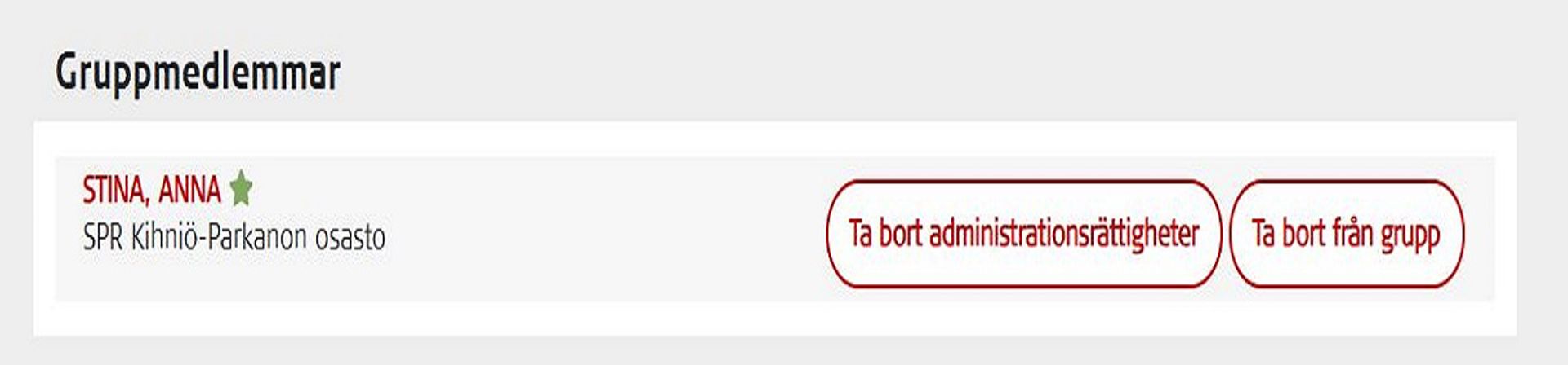 Skärmdump från Oma-systemet. I bilden syns en grön stjärna som markerar gruppledaren samt en knapp för att ta bort administrationsrättigheter.