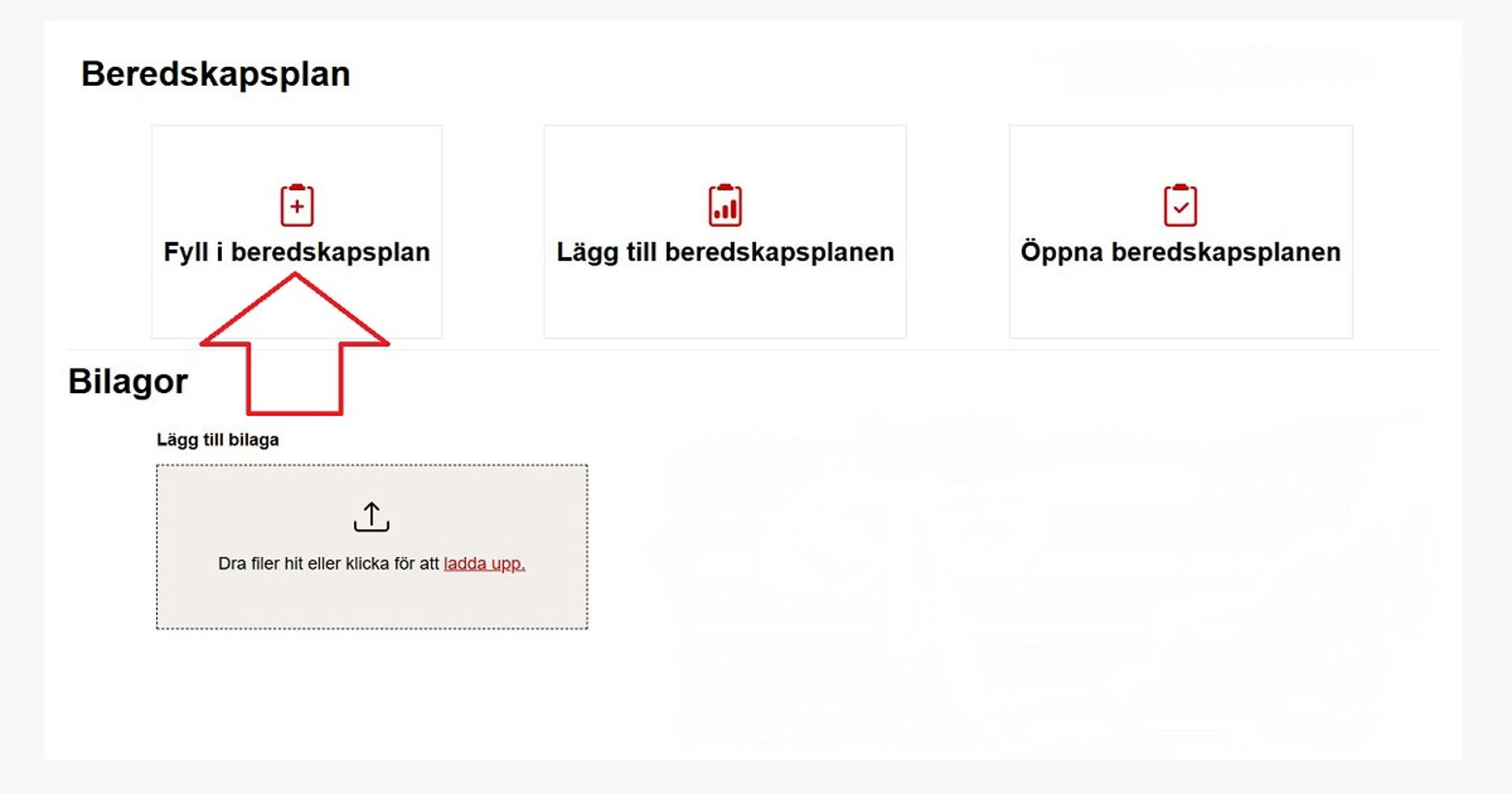 Skärmdump från Ossi-systemet. En röd pil pekar på den del där man kan fylla i beredskapsplanen.