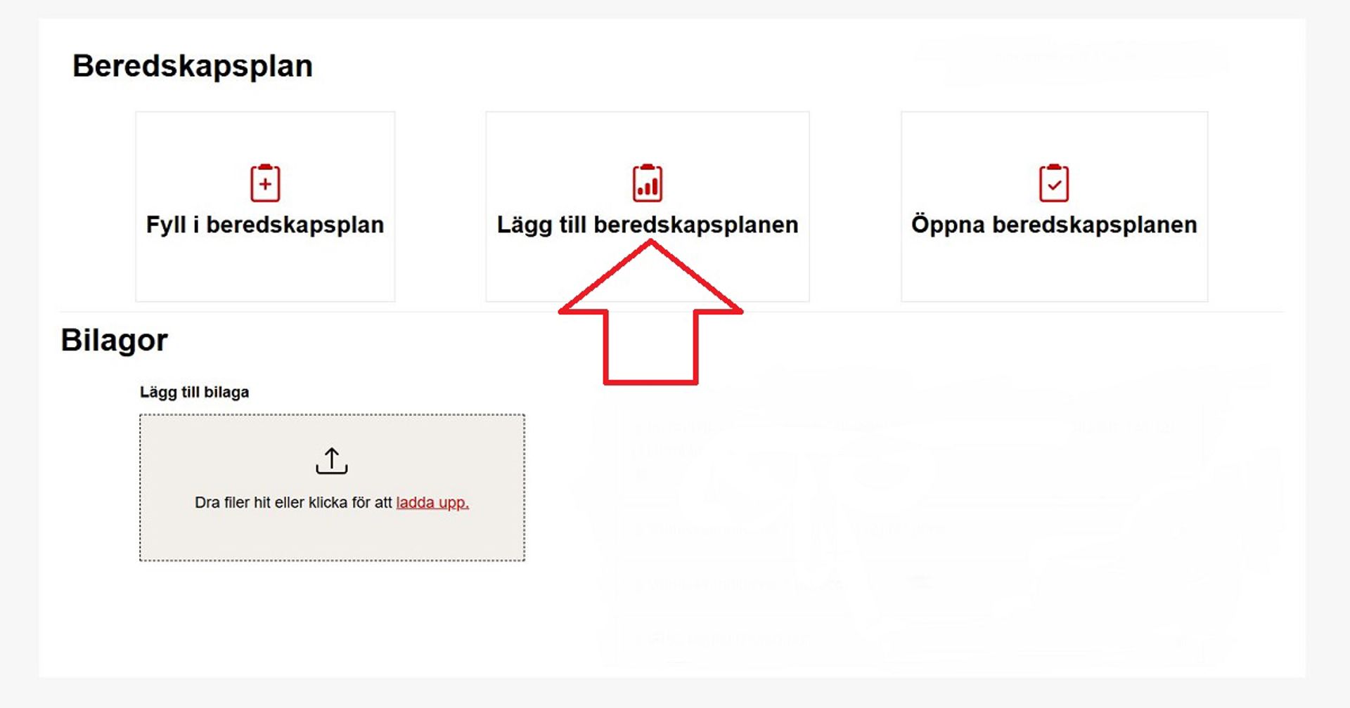 Skärmdump från Ossi-systemet. En röd pil pekar på den del där man kan lägga till beredskapsplanen.