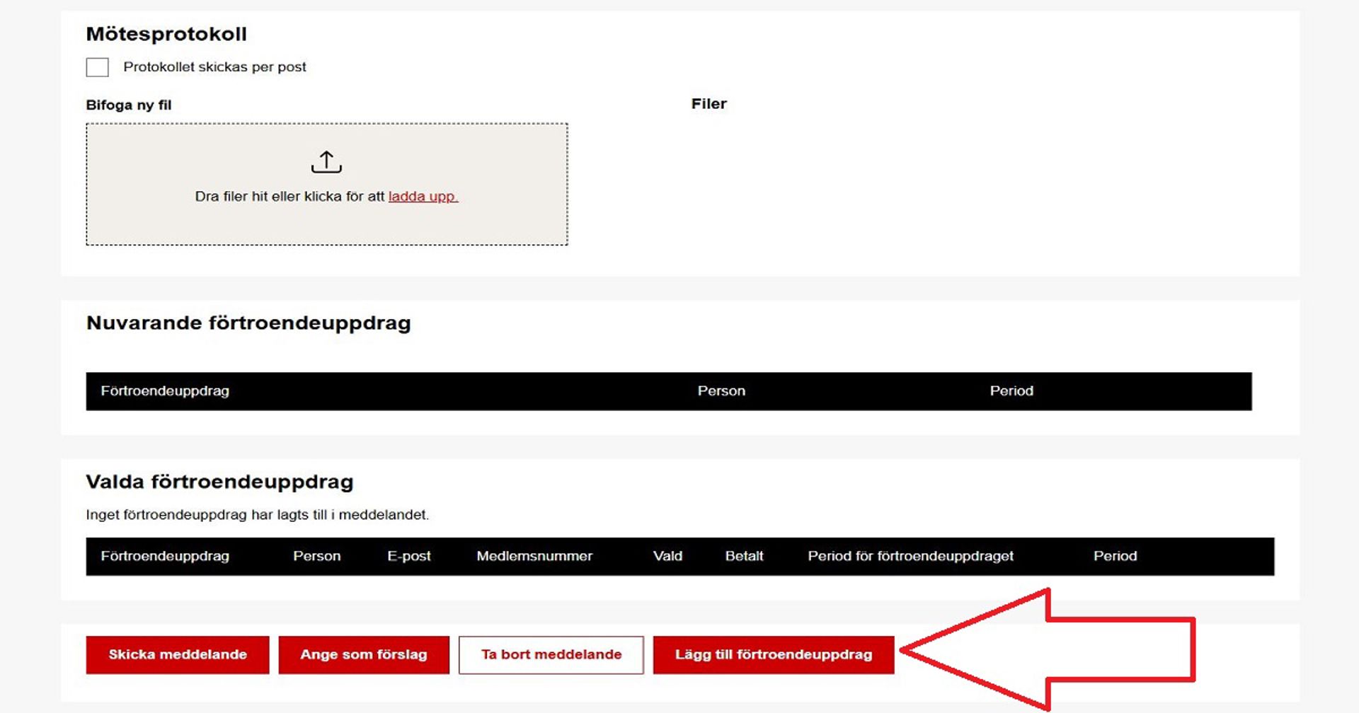 Skärmdump från Ossi-systemet. En röd pil pekar på den del där man kan lägga till ett förtroendeuppdrag.