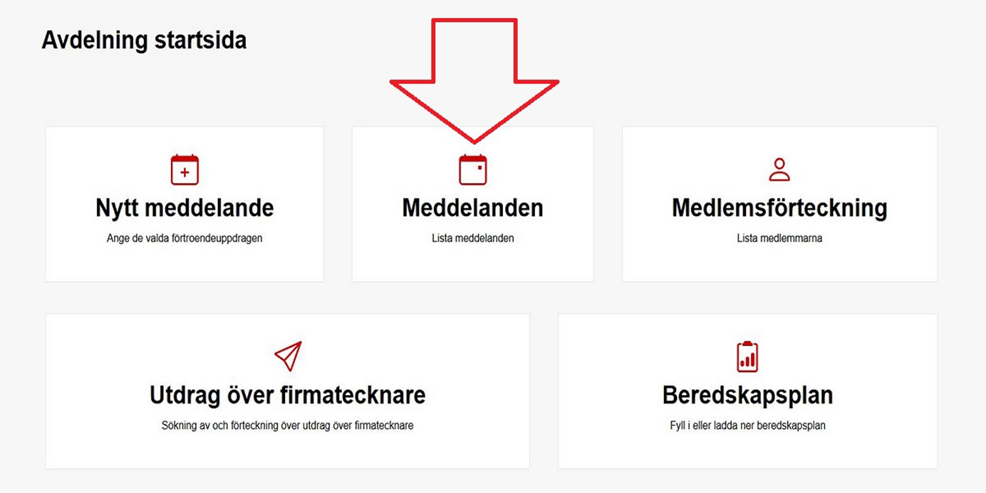 Skärmdump från Ossi-systemet. En röd pil pekar på avsnittet för meddelanden.