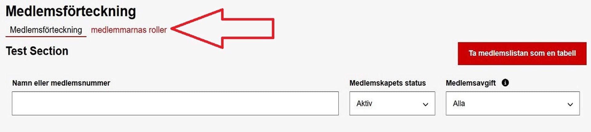 Skärmdump från Ossi-systemet. En röd pil pekar på den del där man kan granska användarrättigheter.