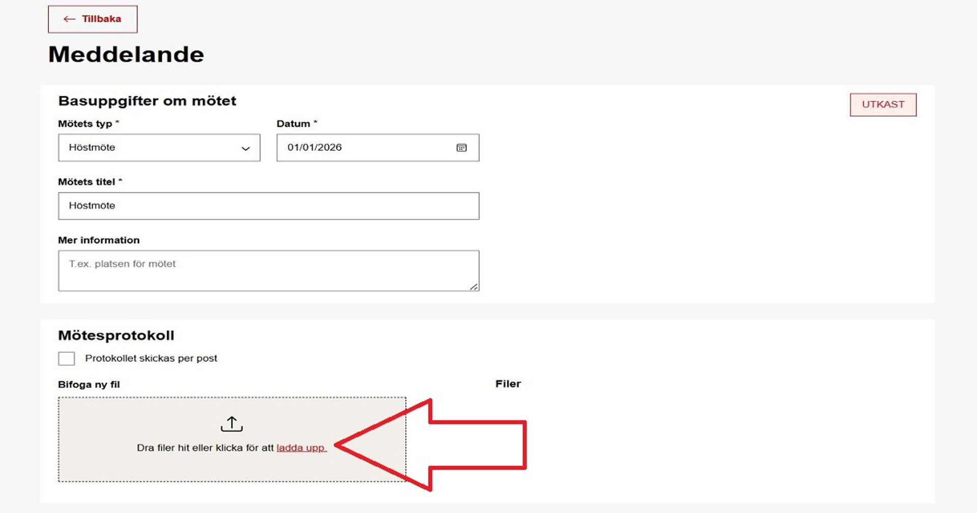 Skärmdump från Ossi-systemet. En röd pil pekar på den del där mötesprotokollet bifogas.