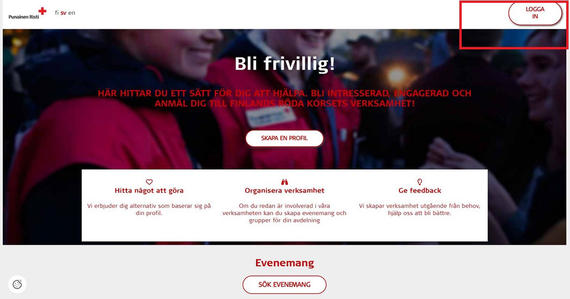 Skärmdump från Oma-systemet. Logga in-knappen är markerad med en röd fyrkant.