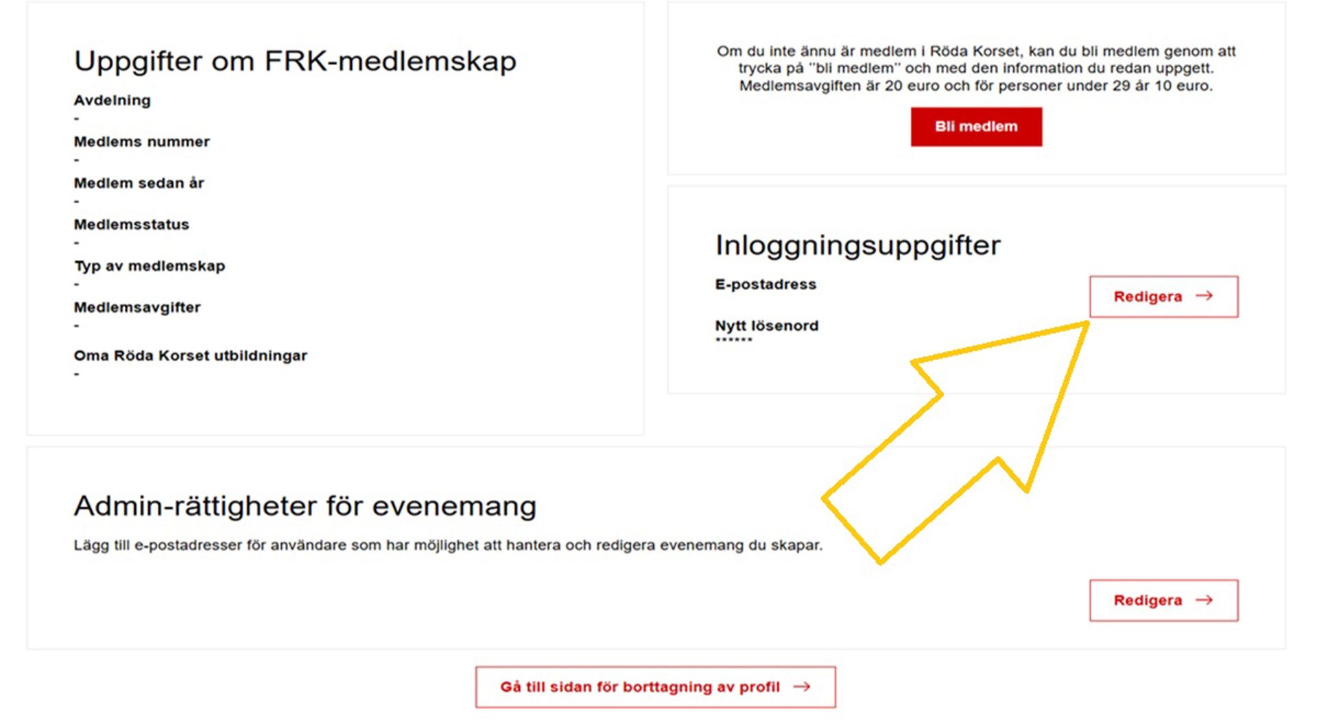 Skärmdump från Oma-systemet. Avsnittet Inloggningsuppgifter är markerat med en pil.