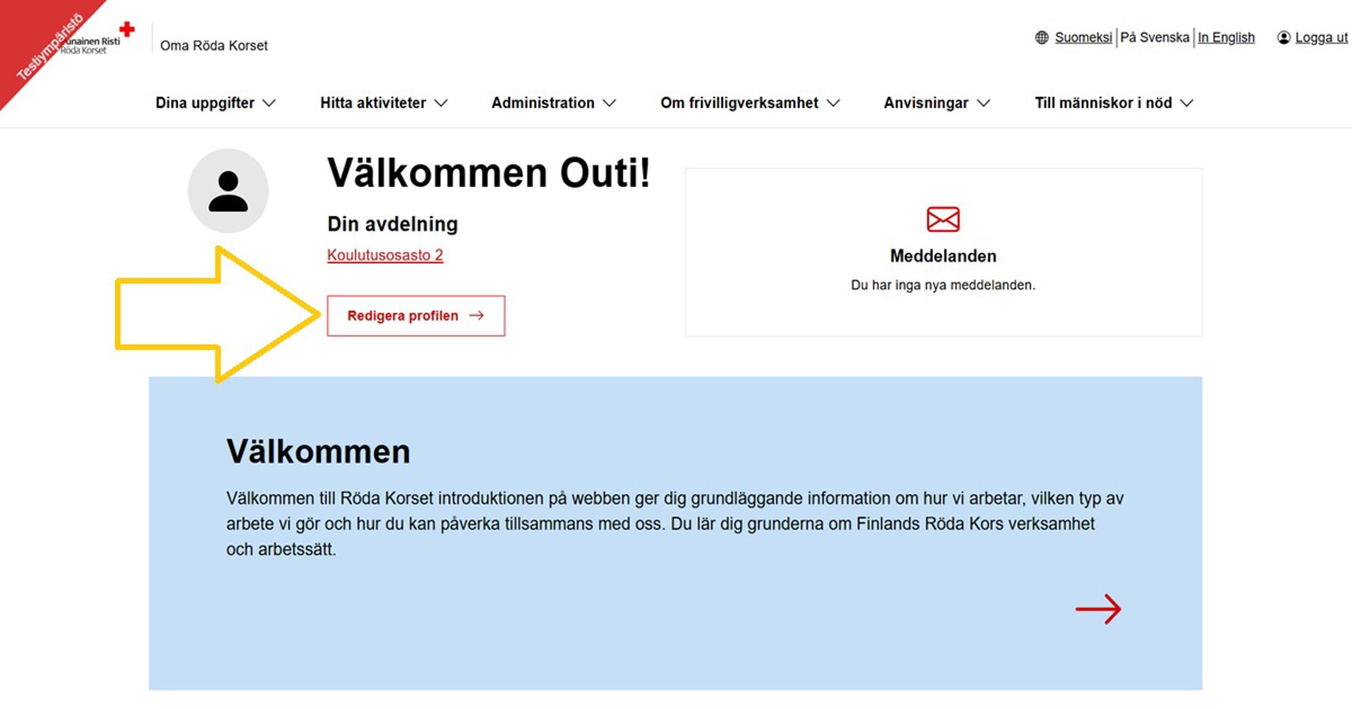 Skärmdump från Oma-systemet. Knappen Redigera profilen på Omas startsida är markerad med en pil.
