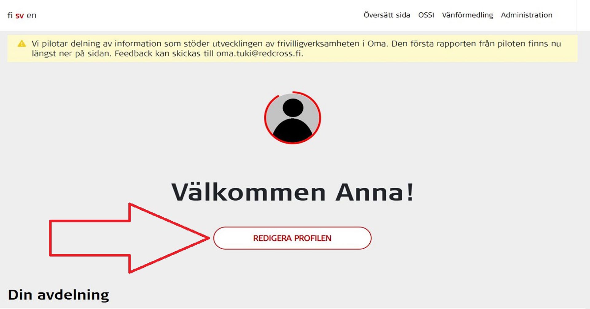 Skärmdump från Oma-systemet. Knappen Redigera profilen på Omas startsida är markerad med en röd pil.