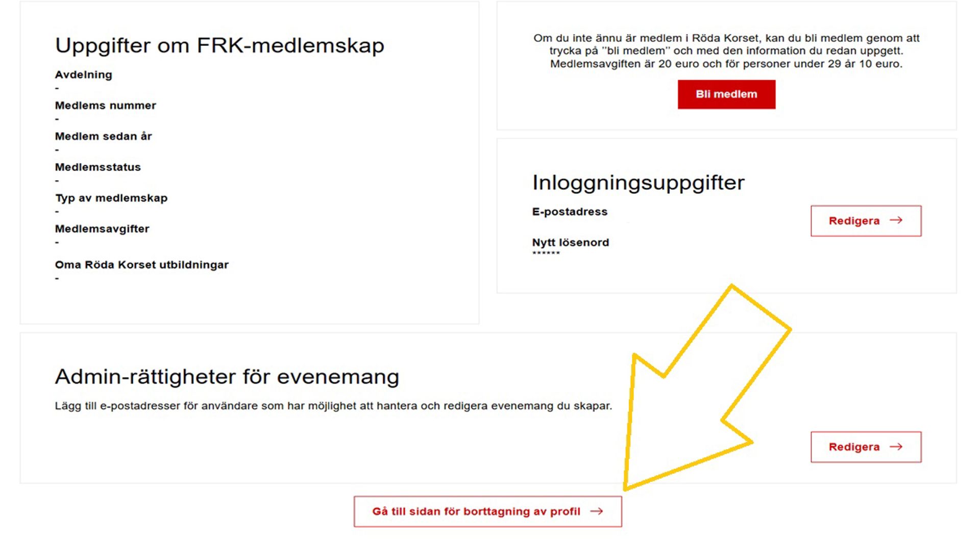 Skärmdump från Oma-systemet. En pil pekar på den punkt där man kan ta bort sin profil.