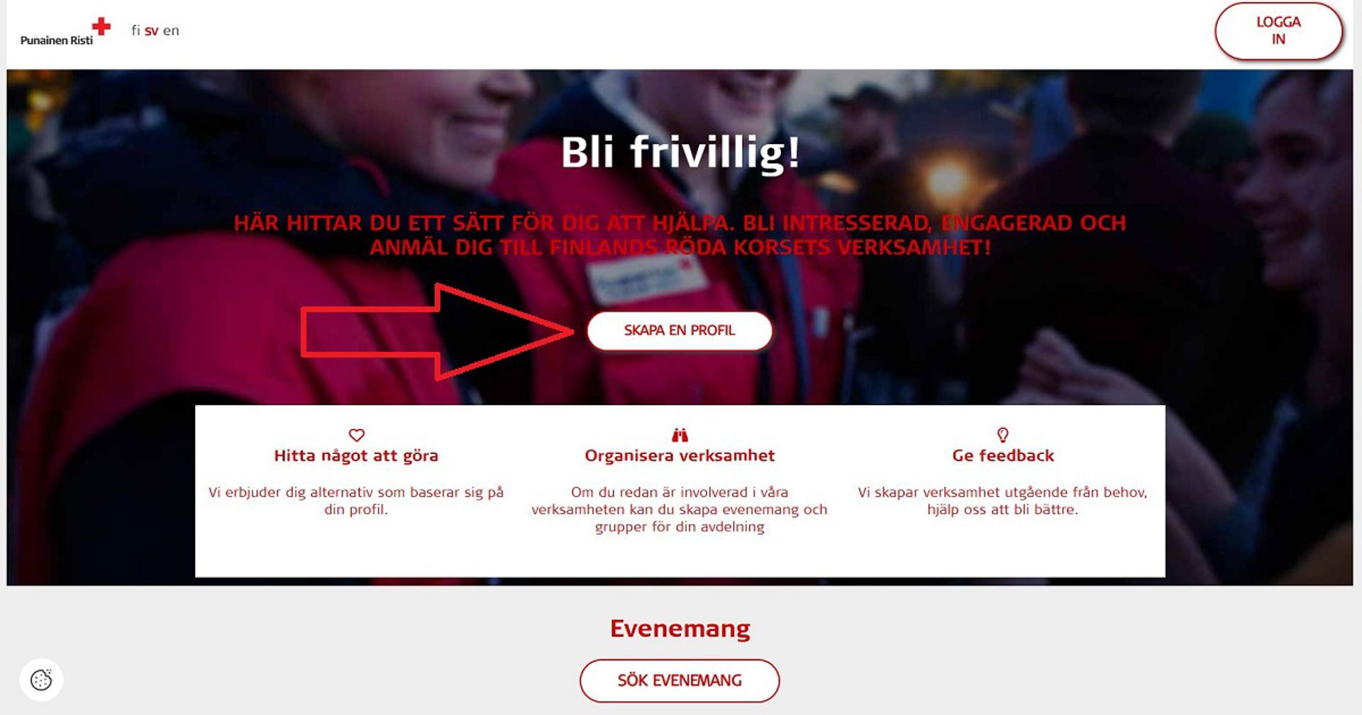 Skärmdump från Oma-systemet. Skapa profil-knappen är markerad med en röd pil.