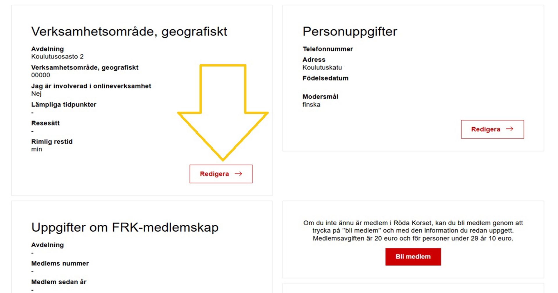 Skärmdump från Oma-systemet. Knappen Redigera vid avsnittet Verksamhetsområde är markerad med en pil.