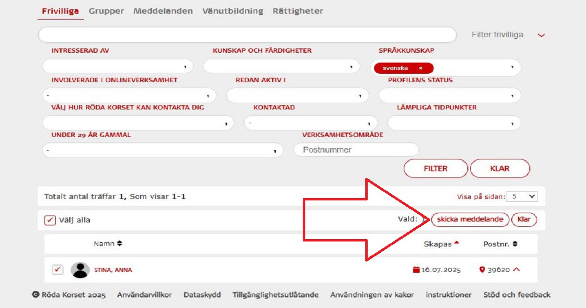 Skärmdump från Oma-systemet. En röd pil visar knappen där man kan skicka ett meddelande.