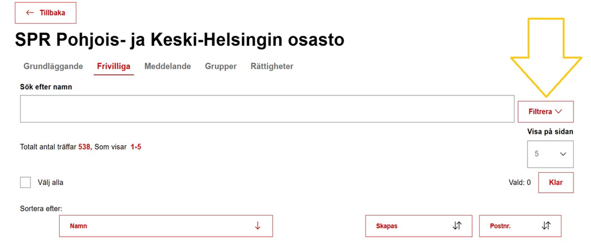 Skärmdump från Oma-systemets avdelningens administrationsmeny. En pil visar var man kan filtrera frivilliga.