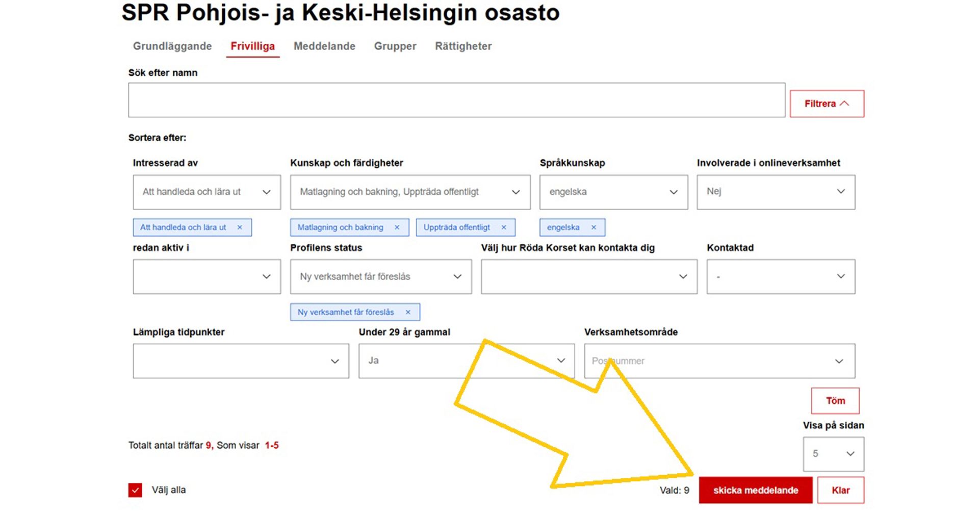 Skärmdump från Oma-systemet. En pil visar knappen där man kan skicka ett meddelande.