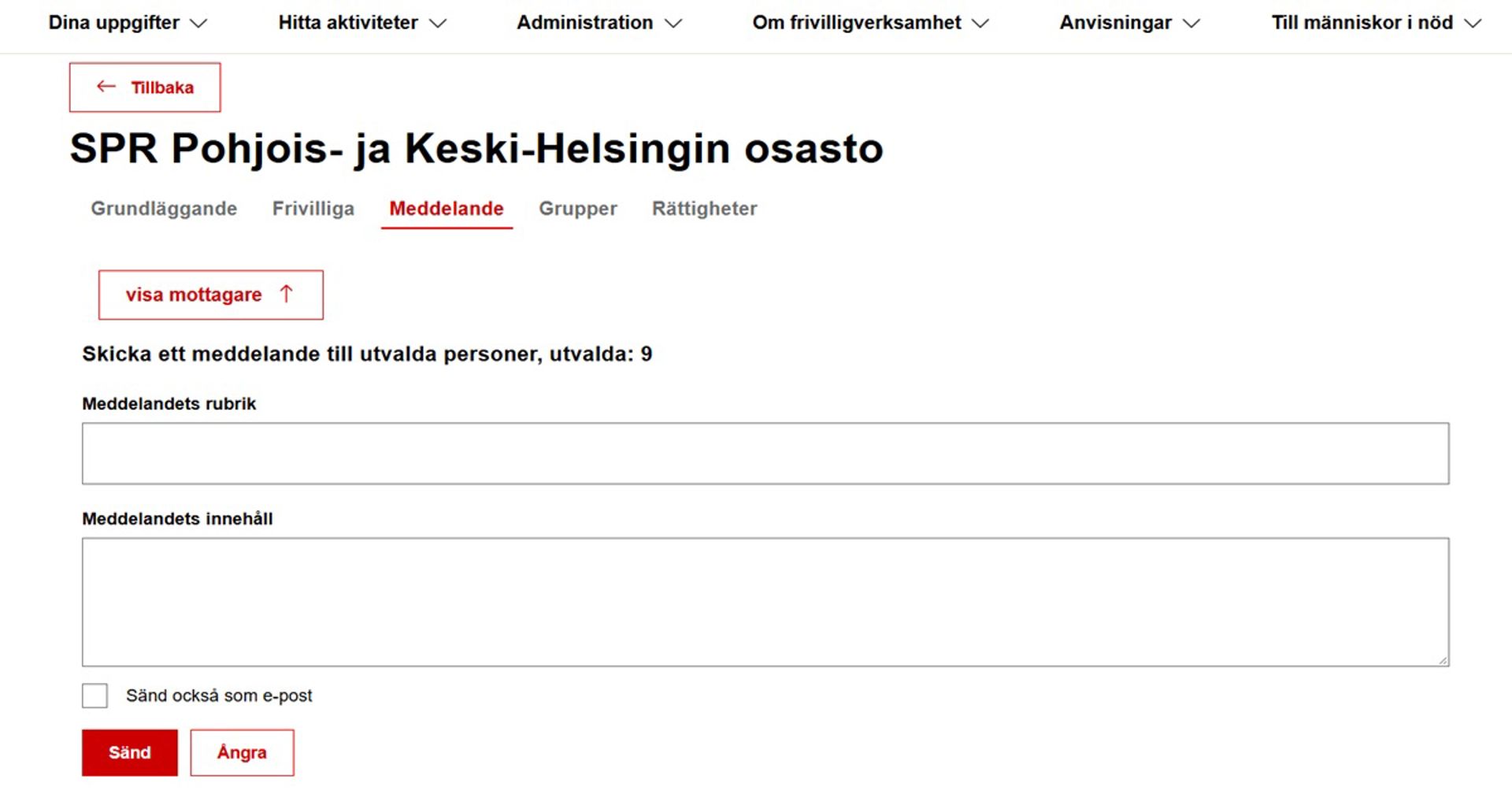 Skärmdump från vyn för att skicka meddelanden.
