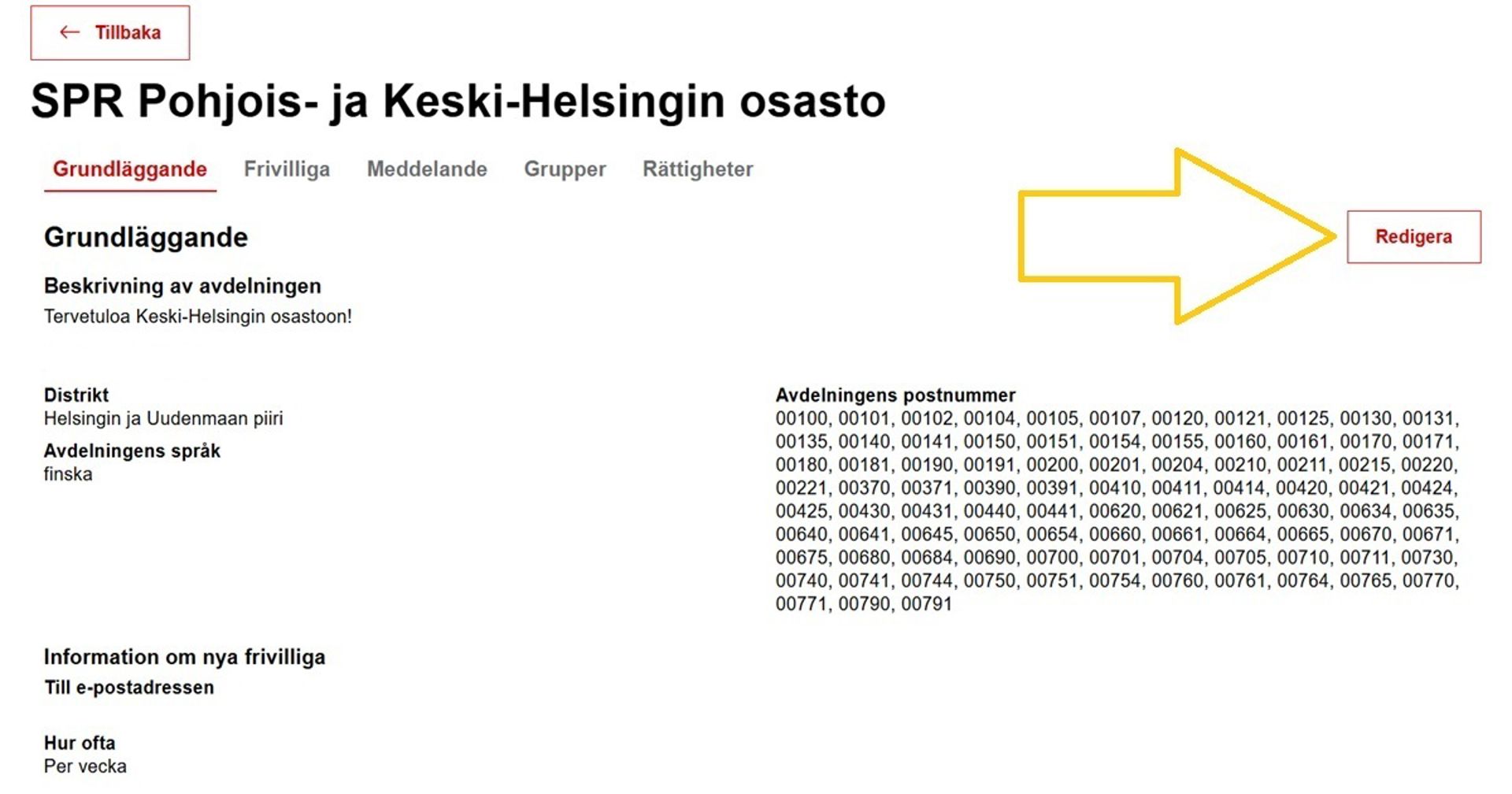 Skärmdump från Oma-systemet. En pil visar var man kan ange vem som får information om nya frivilliga i avdelningen.