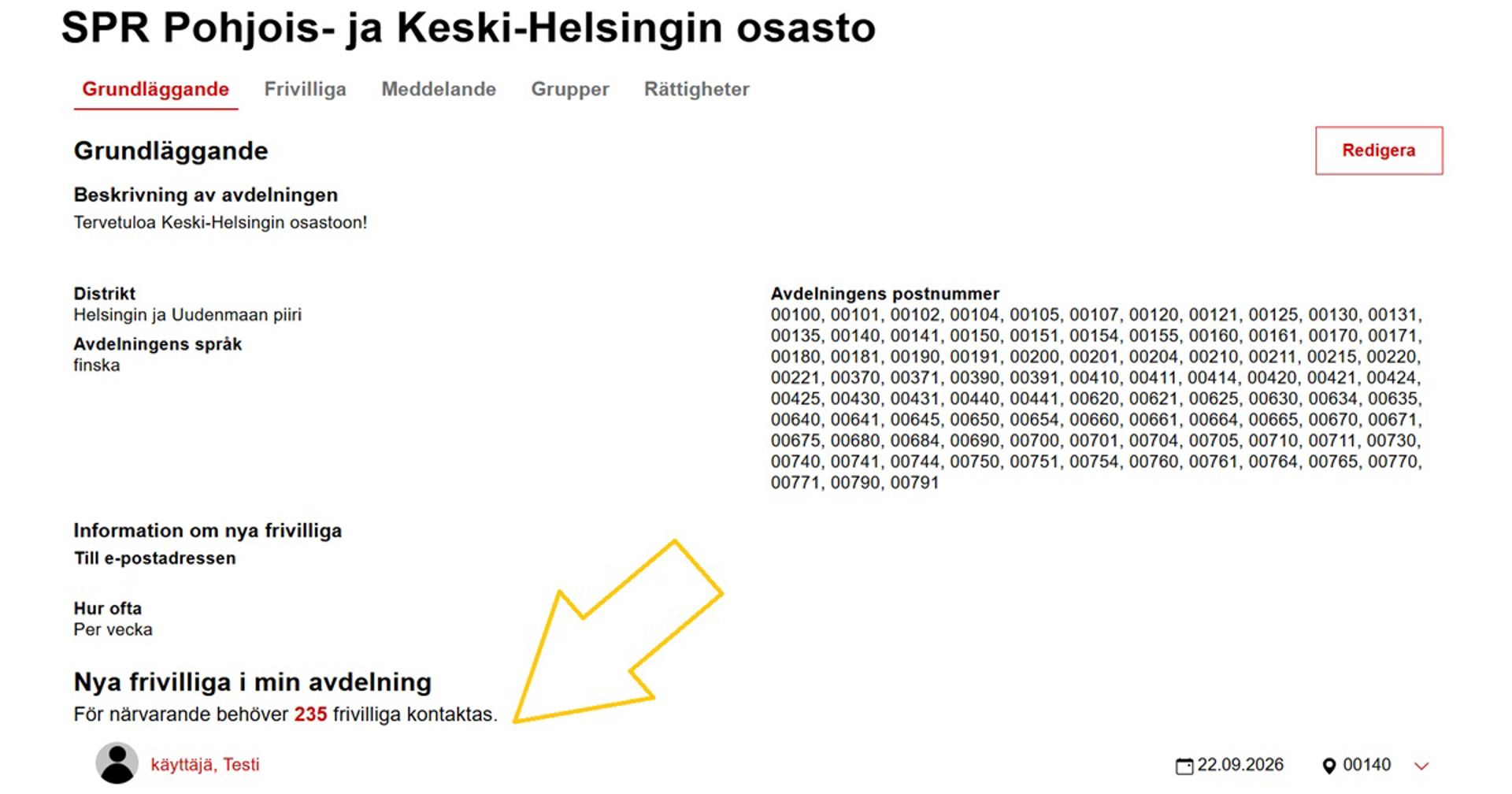 Skärmdump från Oma-systemets avdelningens administrationsmeny. En pil visar var nya frivilliga i avdelningen visas.