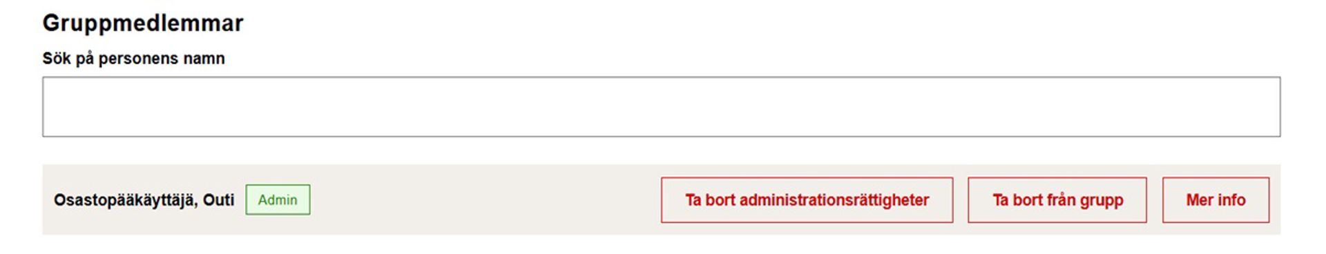 Skärmdump från Oma-systemet. I bilden syns en grön tagg som markerar gruppledaren samt en knapp för att ta bort administrationsrättigheter.
