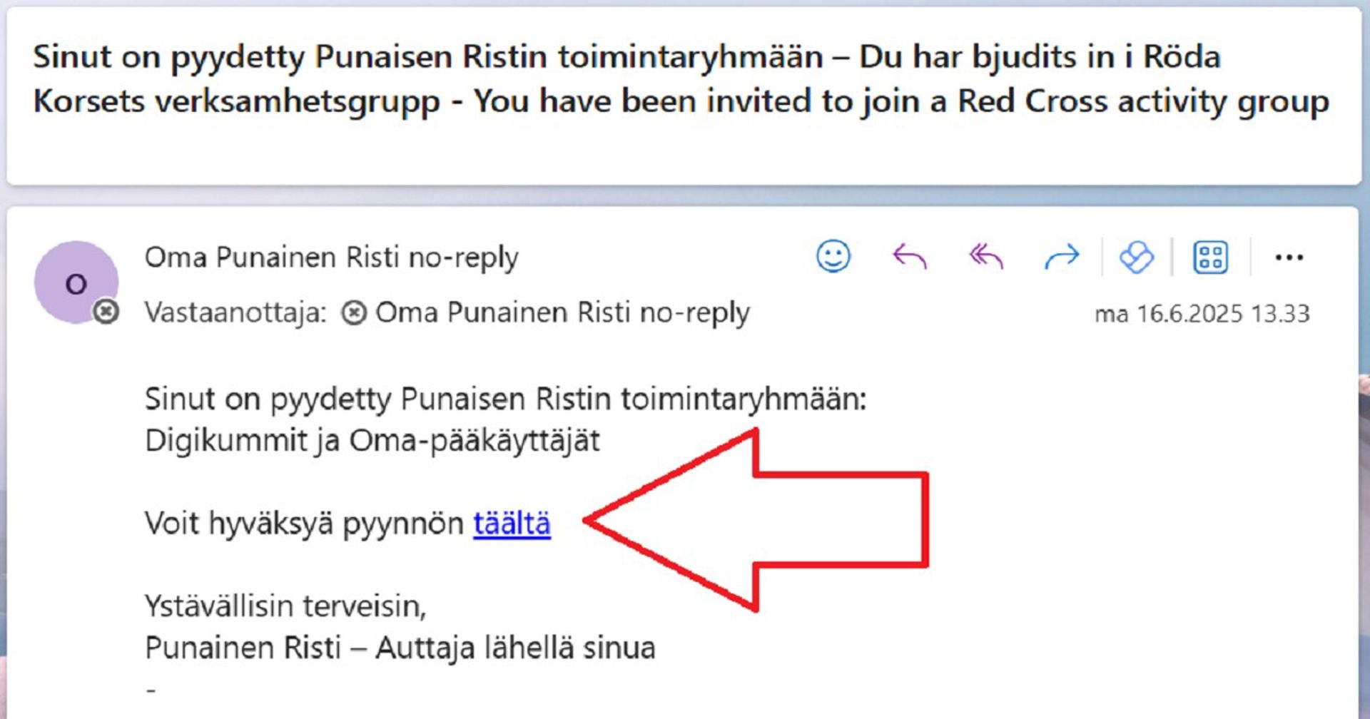 Skärmdump från ett e-postmeddelande som Oma skickar när man blir inbjuden till en verksamhetsgrupp.