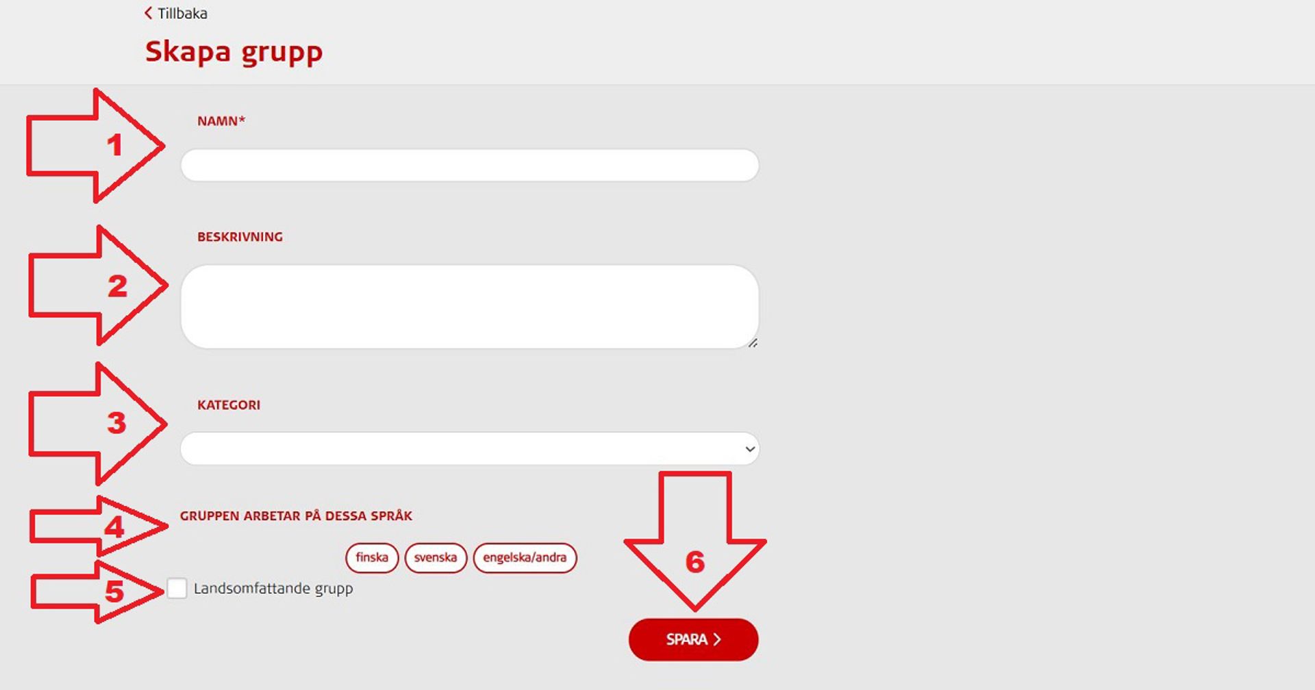 Skärmdump från Oma-systemet. Pilarna och siffrorna visar hur man skapar en öppen grupp.