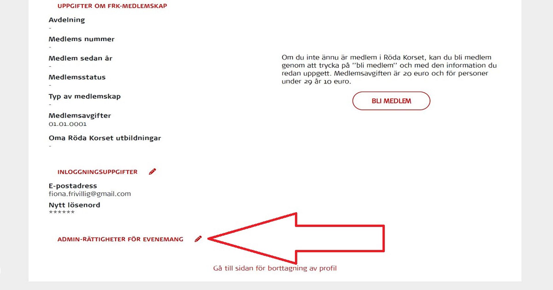 Skärmdump från Oma-systemet. En röd pil pekar på det ställe där du kan dela administratörsrättigheter för alla evenemang du har skapat.
