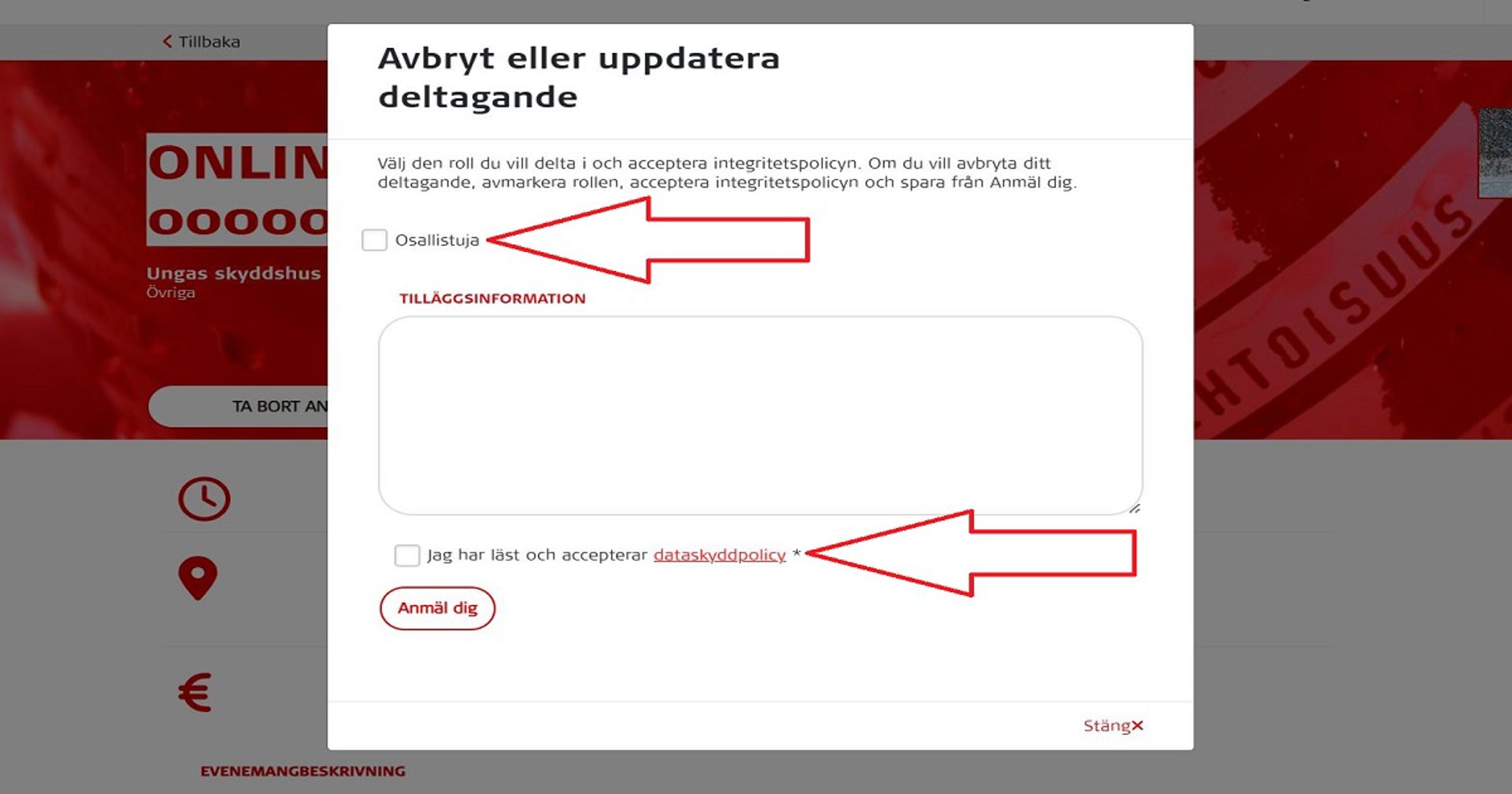 Skärmdump från Oma-systemet. Röda pilar visar vad du ska klicka på om du vill avboka din anmälan till ett evenemang.