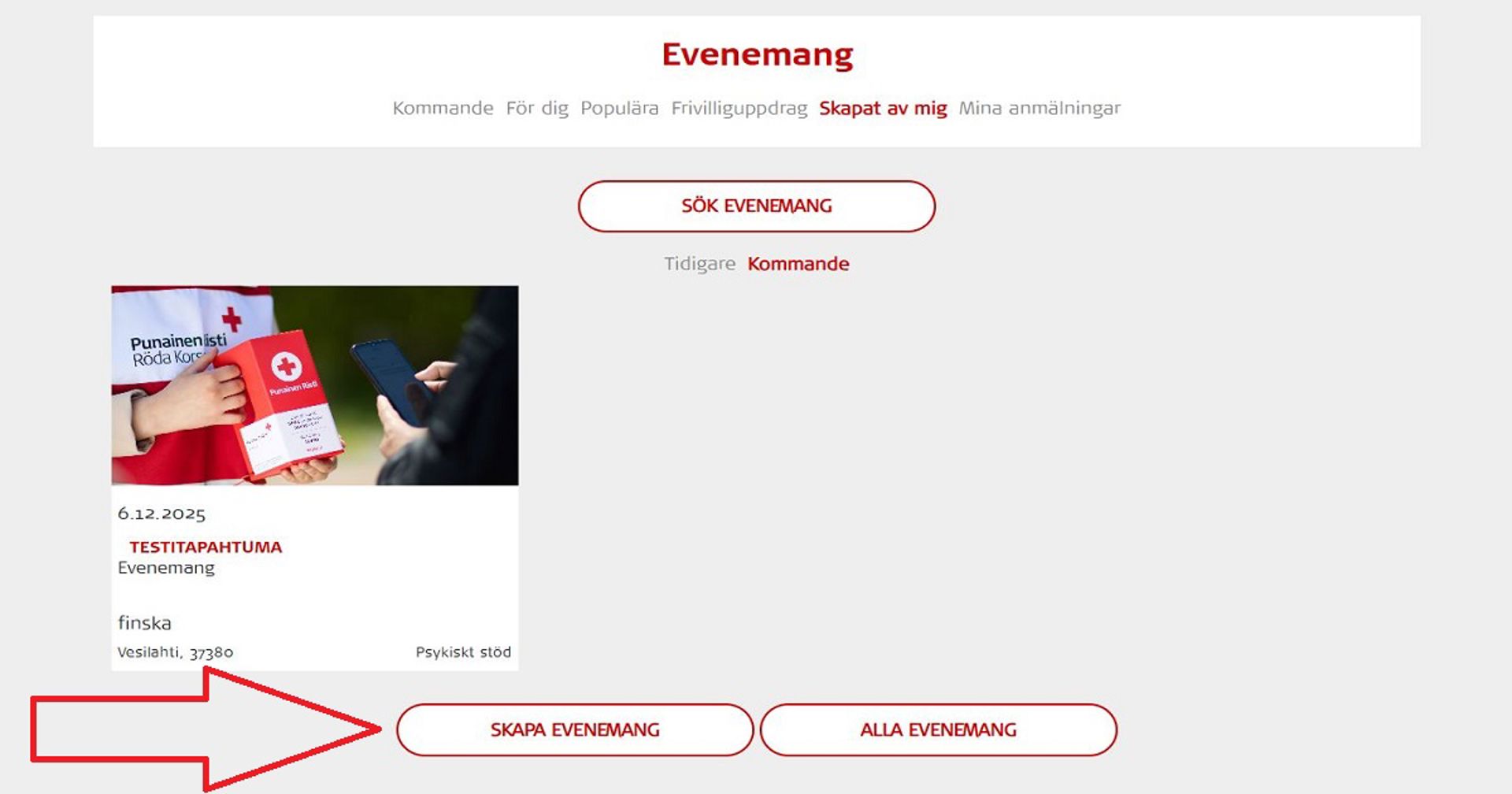 Skärmdump från Oma-systemet. En röd pil pekar på knappen Skapa evenemang på Omas startsida.