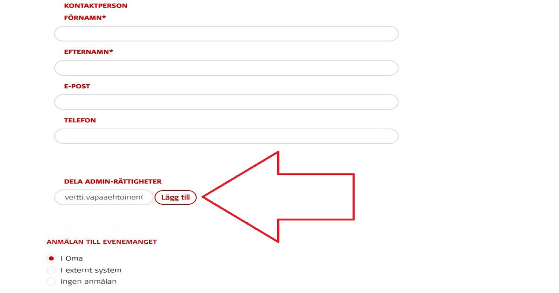 Skärmdump från Oma-systemet. En röd pil pekar på det ställe där du kan dela administratörsrättigheter för evenemanget.