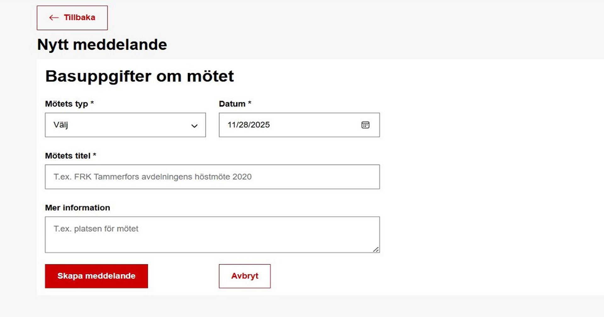 Skärmdump från Ossi-systemets vy när man börjar lämna in ett nytt meddelande.