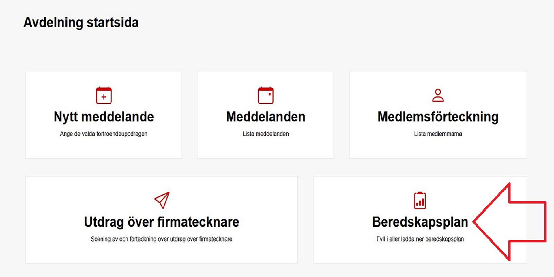 Skärmdump från Ossi-systemet. En röd pil pekar på den del där man kan fylla i och ladda upp beredskapsplanen.