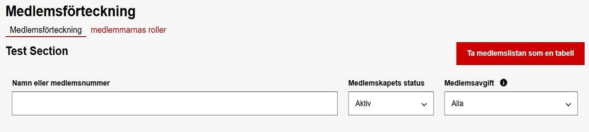 Skärmdump från den del av Ossi-systemet där man kan söka medlemmar med namn eller medlemsnummer.