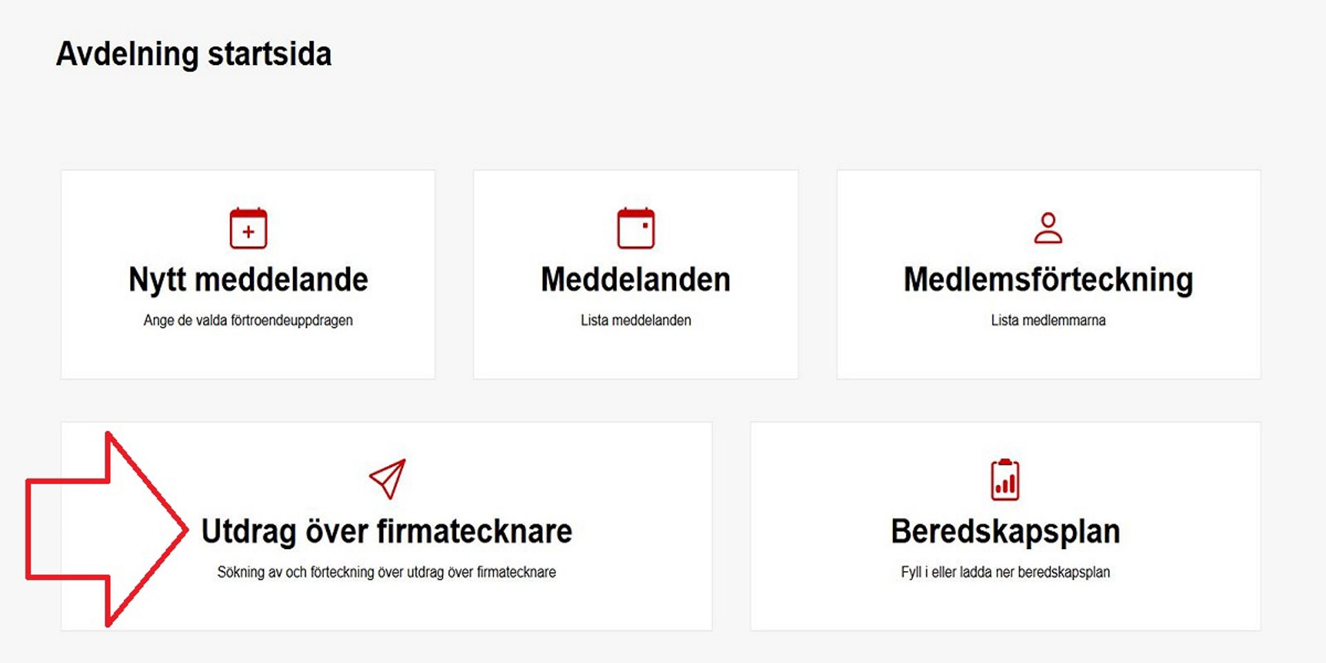 Skärmdump från Ossi-systemet. En röd pil pekar på den del där man kan beställa ett utdrag över firmatecknare.