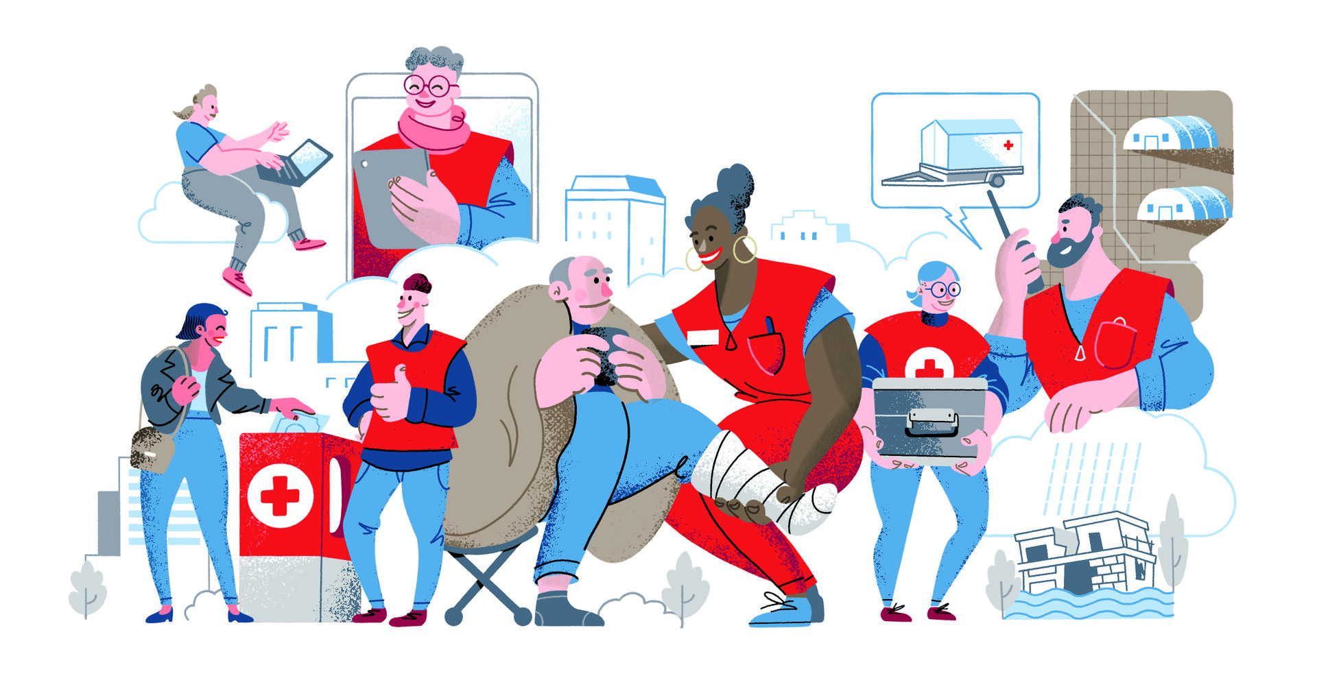En illustration av Röda Korsets olika verksamhetsformer: insamling ansikte mot ansikte och på nätet, första hjälpen, vänverksamhet samt katastrofhjälp, såsom montering av sjukhustält i ett katastrofområde.