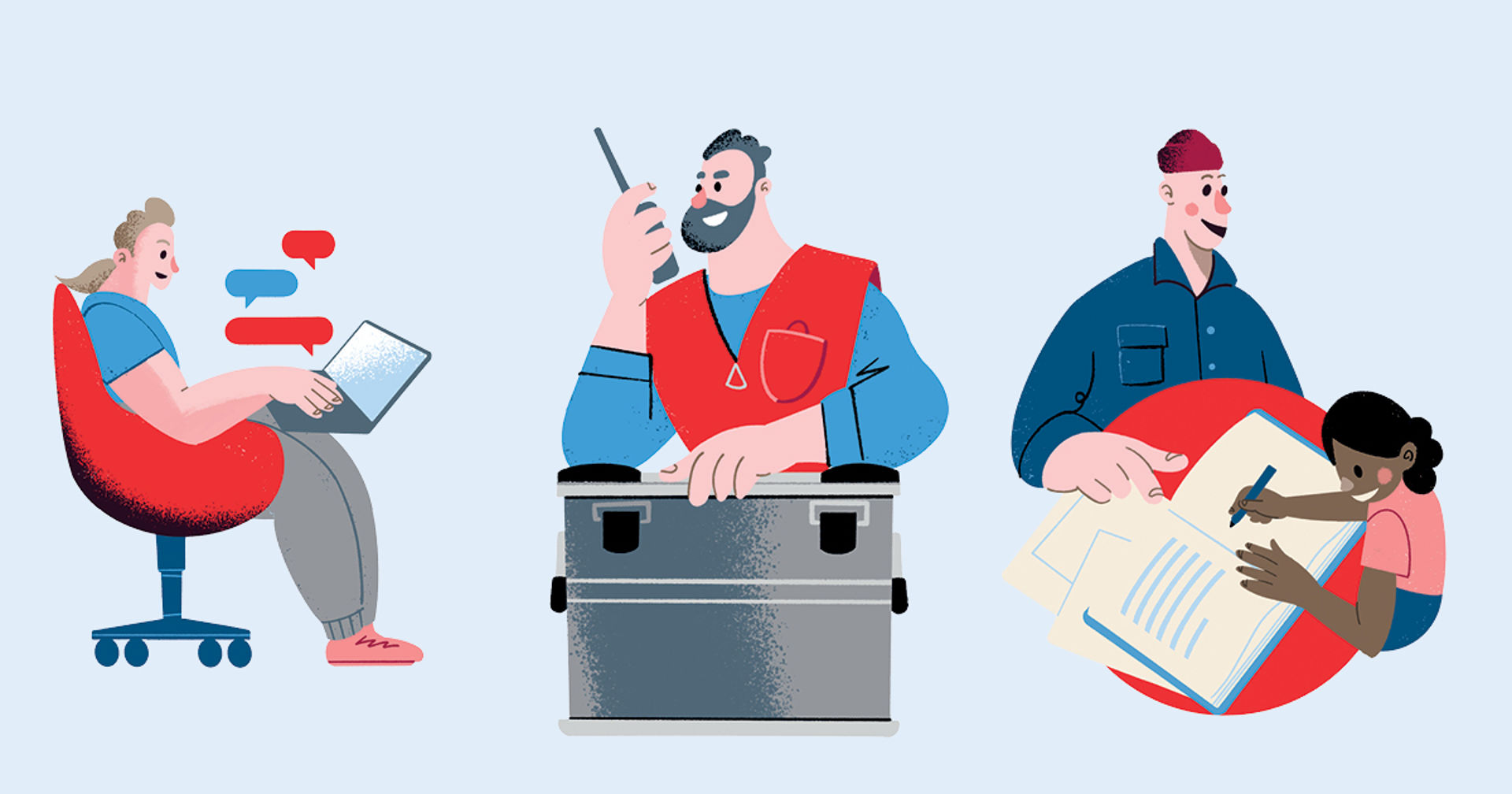 Frivilliga från Finlands Röda Kors utomhus, iförda röda västar med Röda Korsets emblem.